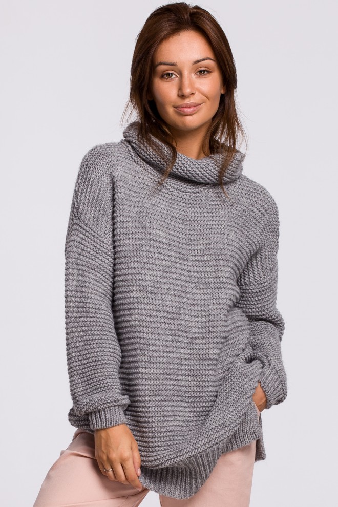 Sweter oversize z golfem - szary melanż