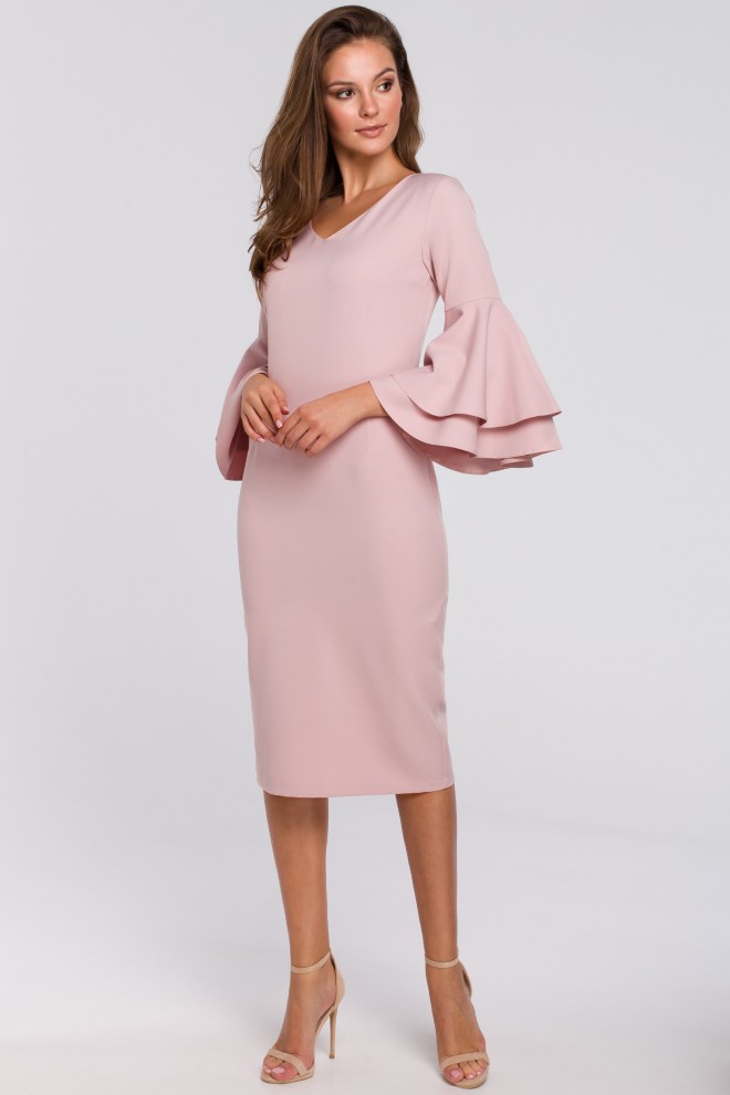 Sukienka z falbanami przy rękawach - brudno różowa K002